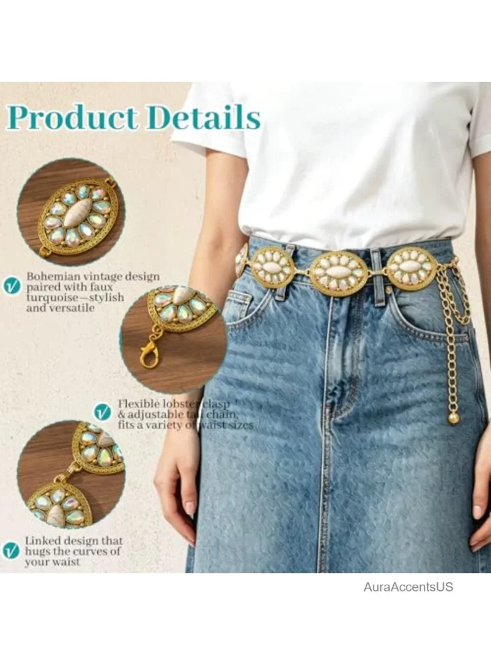 Turquoise Concho Chain Waist Belt, Western Cowgirl Metal Belt for Dresses &